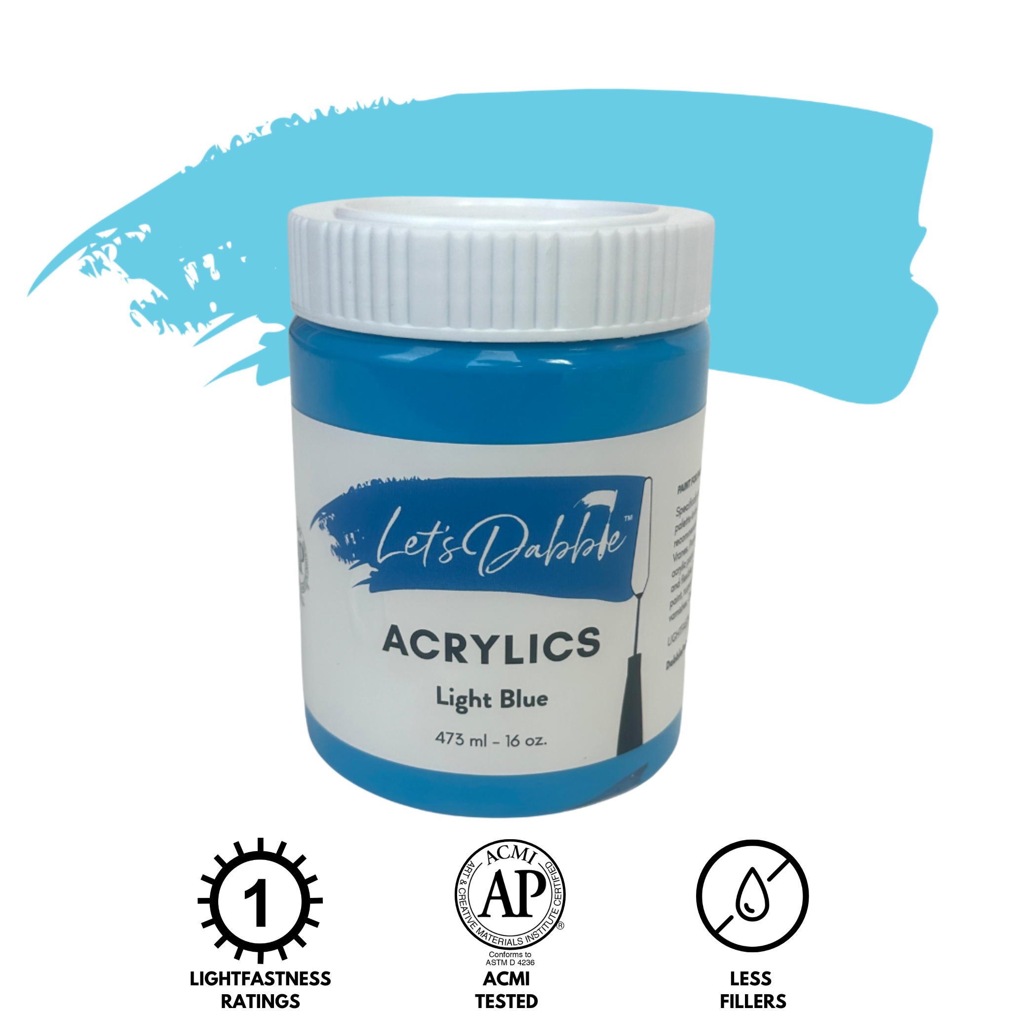 Let's Dabble™ acrylic paint in Light Blue, 16 oz, with a soft sky blue paint swatch.