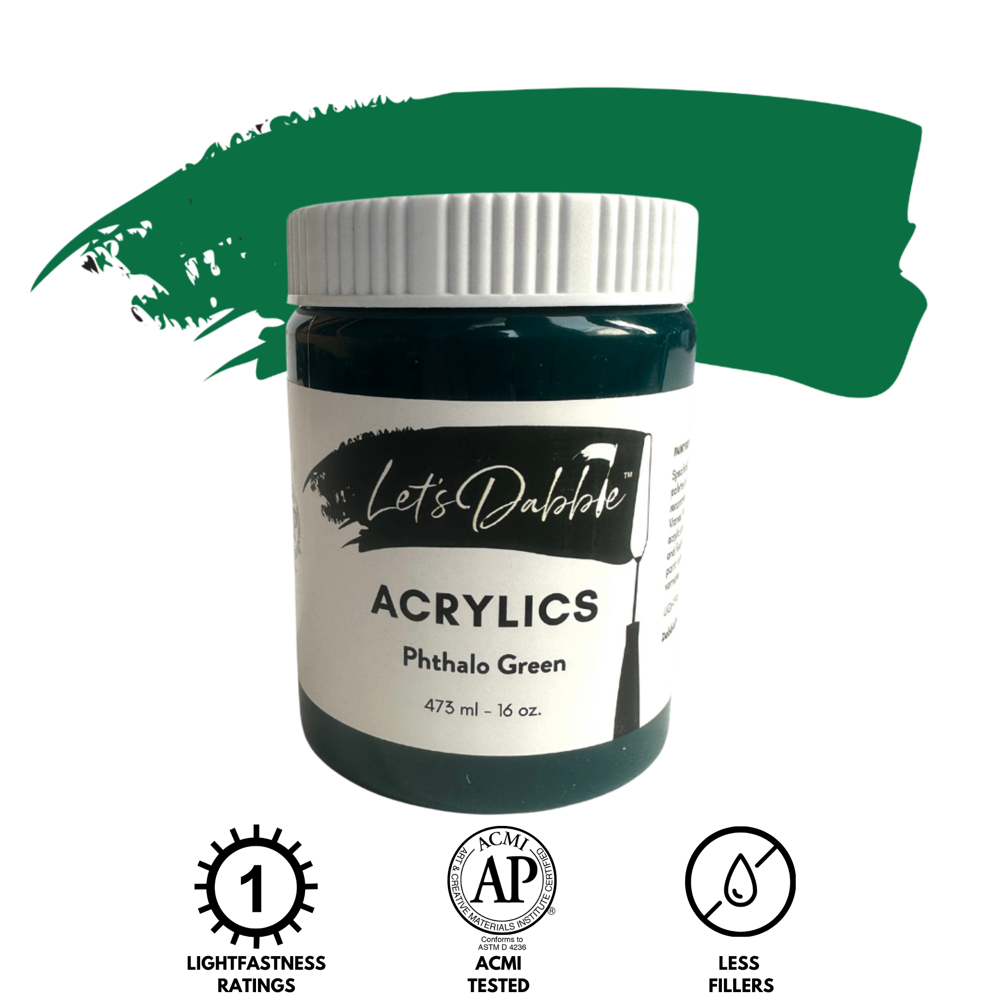 A 16 oz jar of Let's Dabble™ acrylic paint in Phthalo Green, with a paint swatch of the deep green color in the background. The label displays the product name and branding. Below the jar, icons indicate lightfastness rating of 1, ACMI certification, and minimal fillers.