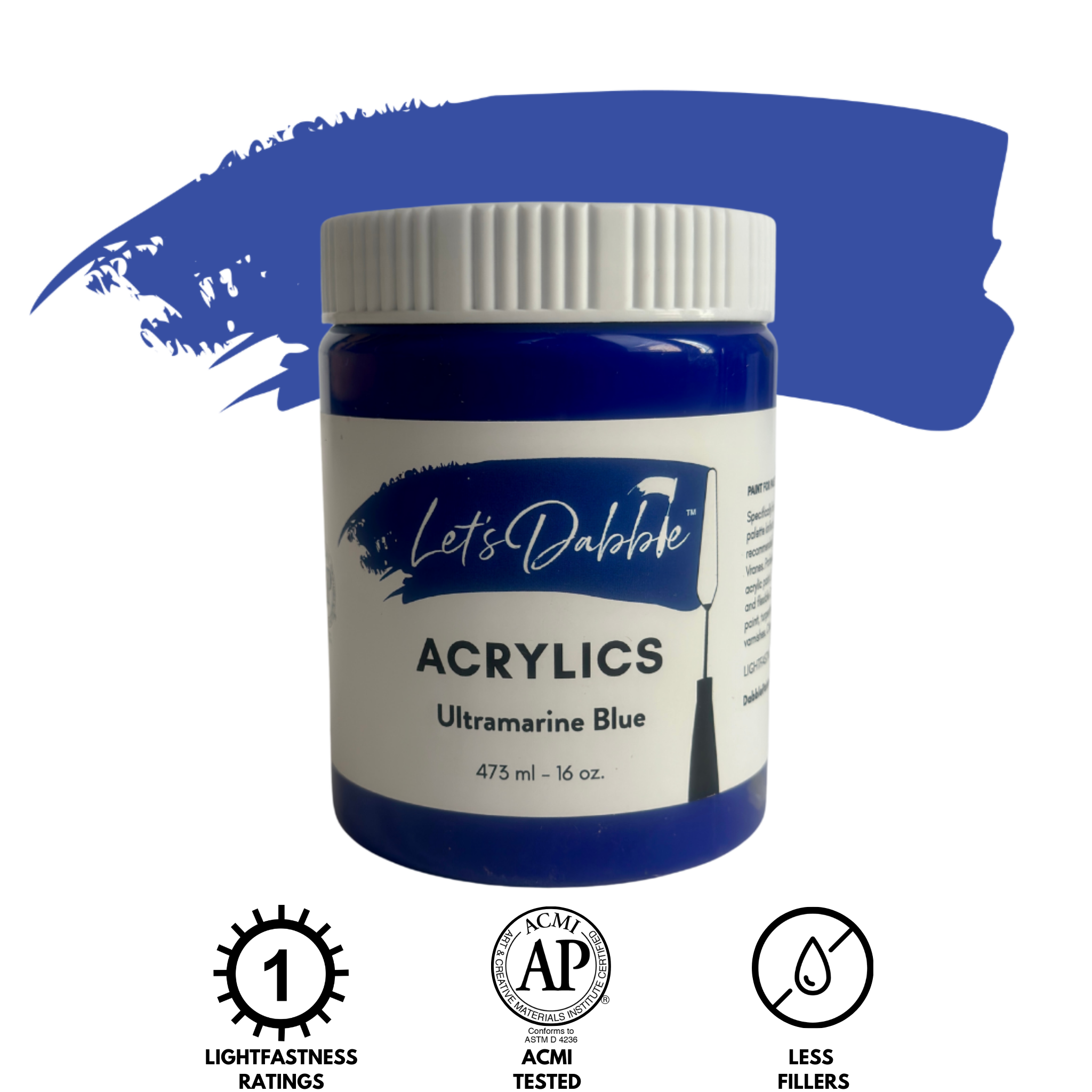 Let's Dabble™ acrylic paint in Ultramarine Blue, 16 oz, with a rich blue paint swatch.